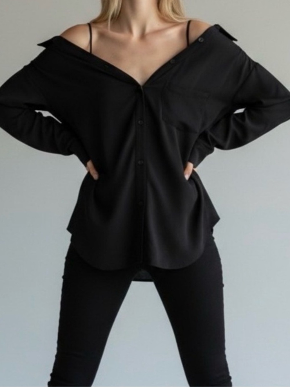 Theory Black TAMALEE Off-Shoulder Button-Down Shirt
